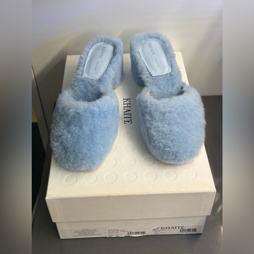 Khaite blue Chlio shearling mules brand new